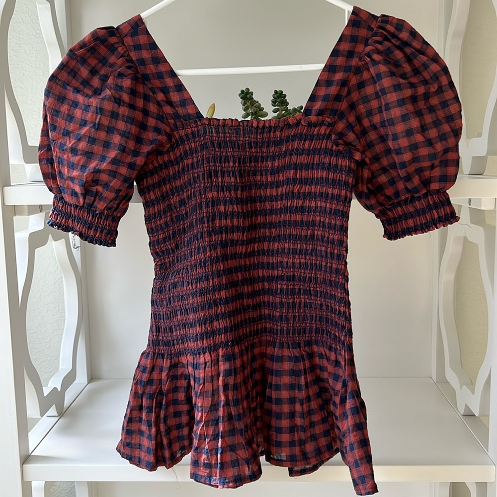 Never A Wallflower Milly Puffy Short Sleeve Checked Plaid Blouse Shirt Size XS